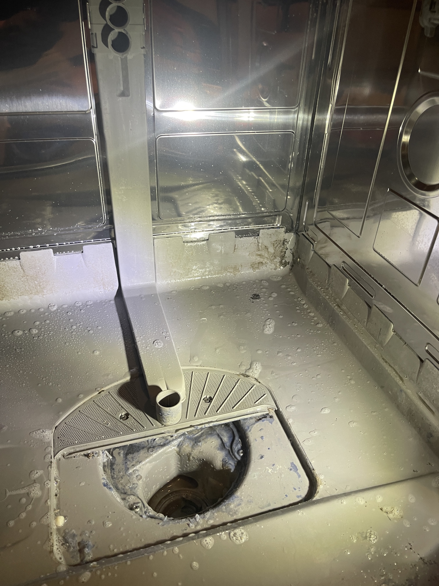 The inside of a dishwasher tub before cleaning, showing residue and biofilm.