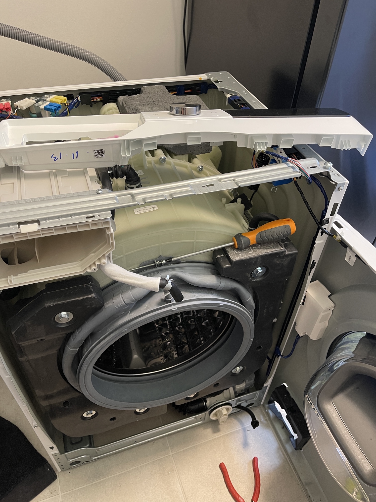 A torn washing-machine door seal — the most common front-loader leak point.